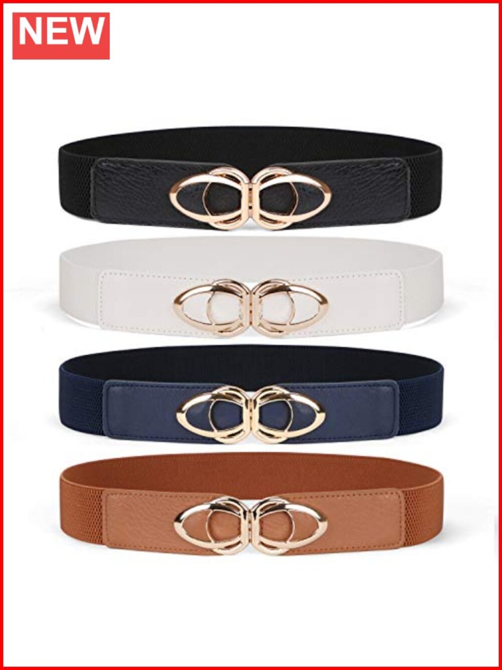 Women's 4 Pack Thin Elastic Skinny Belts Stretch Waistband Gold Buckle